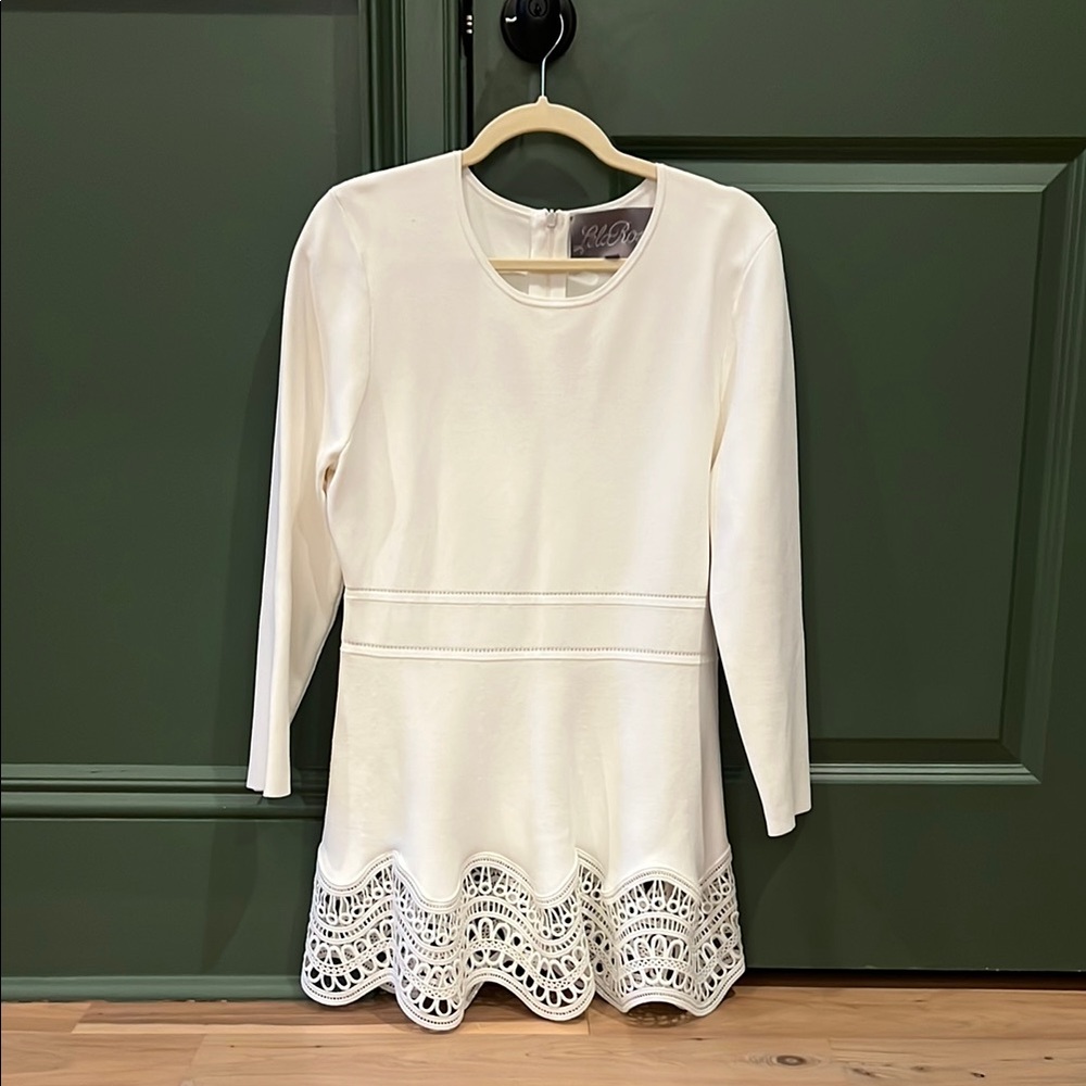 Lela Rose White Long Sleeve Top with Lace Hem
